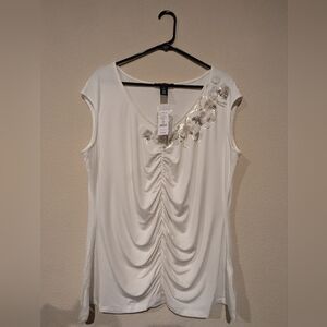 White House Black Market White Shirred Embellished V Neck Top
